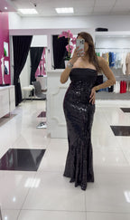BLACK SEQUINS BACK BOW DRESS