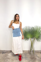 WHITE/DENIM MIDI SKIRT