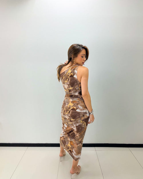 BROWN PRINT RUCHED MIDI DRESS