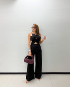 BLACK FLOWER DETAILS JUMPSUIT