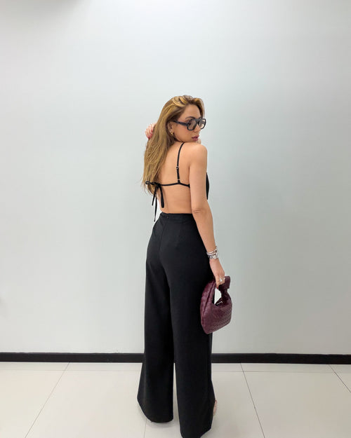 BLACK FLOWER DETAILS JUMPSUIT