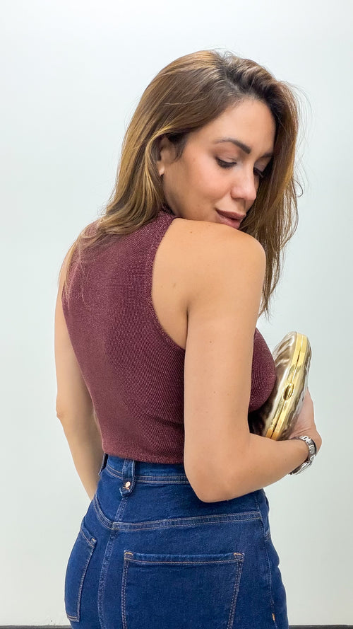 METALLIC KNIT HALTER TOP