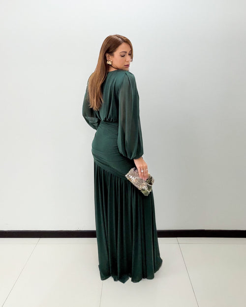 HUNTER GREEN RUCHED MESH DRESS