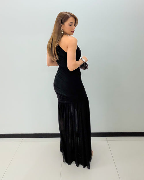 BLACK RUCHED MESH DRESS