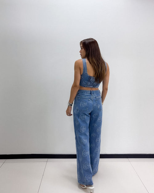 FLOWER DETAILS DENIM PANT SET