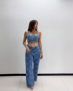 FLOWER DETAILS DENIM PANT SET