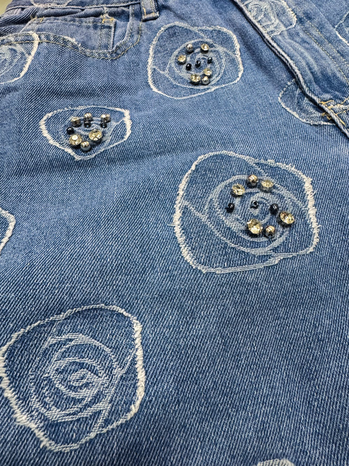 FLOWER DETAILS DENIM PANT SET