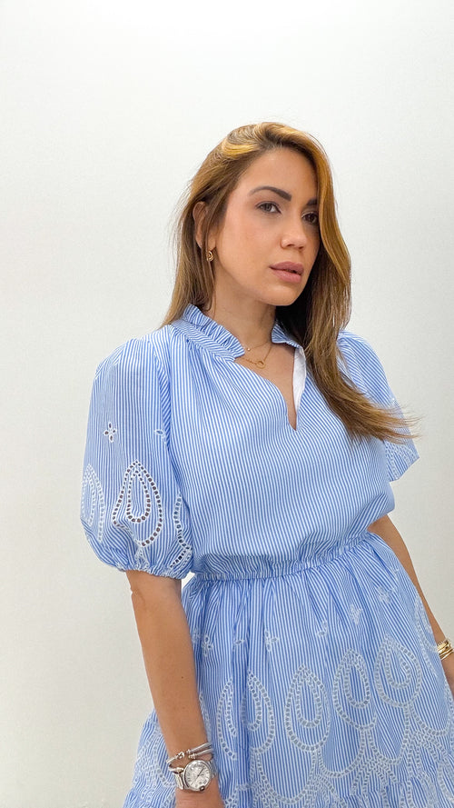 BLUE/WHITE STRIPE POPLIN DRESS