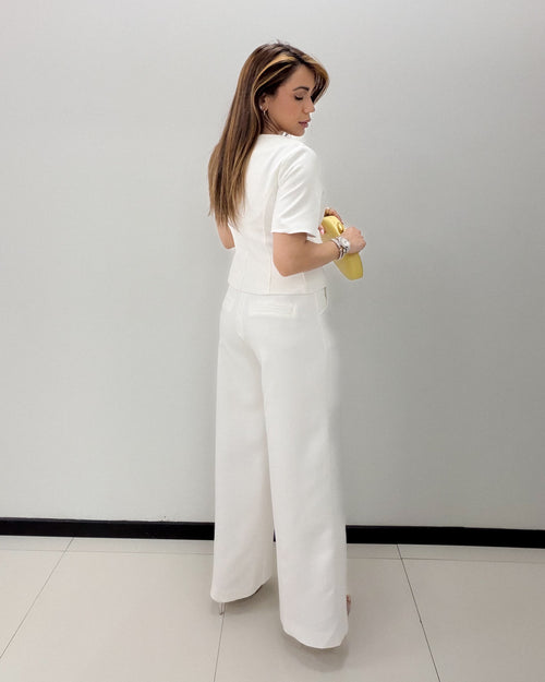 WHITE BUTTON DETAILS PANT SET