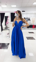 ROYAL BLUE SATIN PLEATED FORMAL DRESS