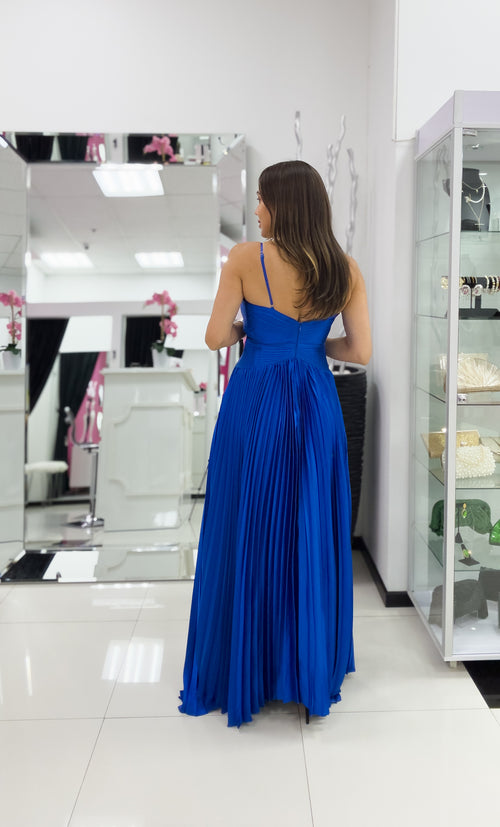 ROYAL BLUE SATIN PLEATED FORMAL DRESS