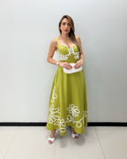 OLIVE FLOWER DETAILS MIDI DRESS