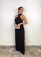 BLACK LACE HALTER DRESS