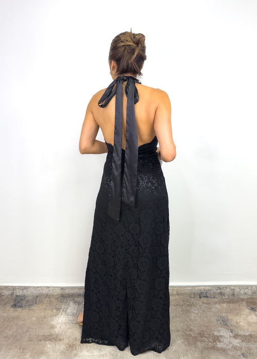 BLACK LACE HALTER DRESS