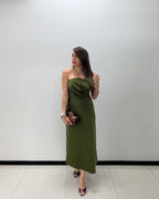 OLIVE SATIN MIDI DRESS