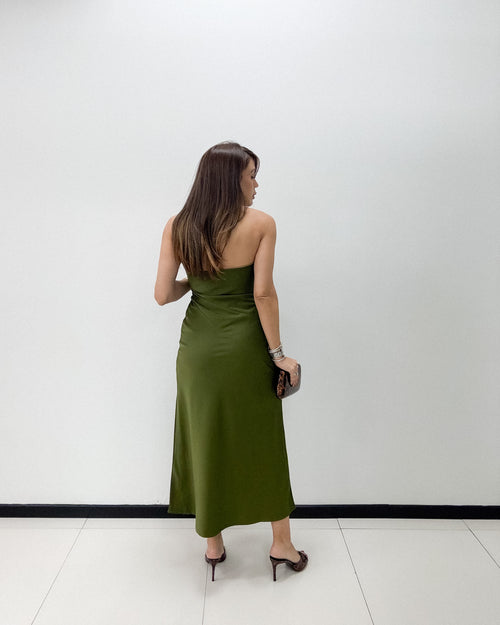 OLIVE SATIN MIDI DRESS