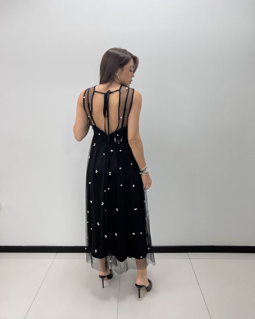 PEARL BEADED MESH DRESS