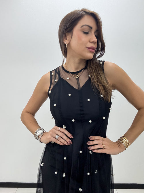PEARL BEADED MESH DRESS
