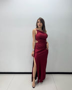 BURGUNDY SATIN ONE SHOULDER DRESS