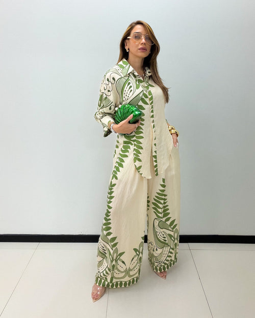 IVORY-GREEN PRINT PANT SET