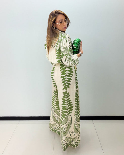 IVORY-GREEN PRINT PANT SET