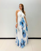 BLUE FLORAL PLEATED MAXI DRESS