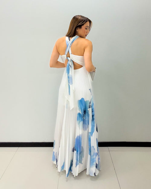 BLUE FLORAL PLEATED MAXI DRESS