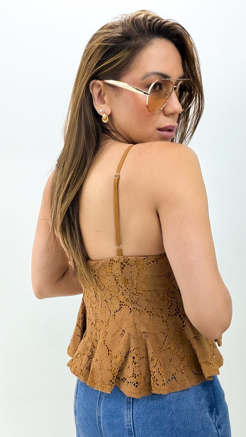 BROWN LACE PEPLUM TOP