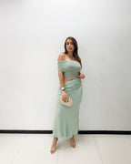 SAGE MESH/SATIN DRESS
