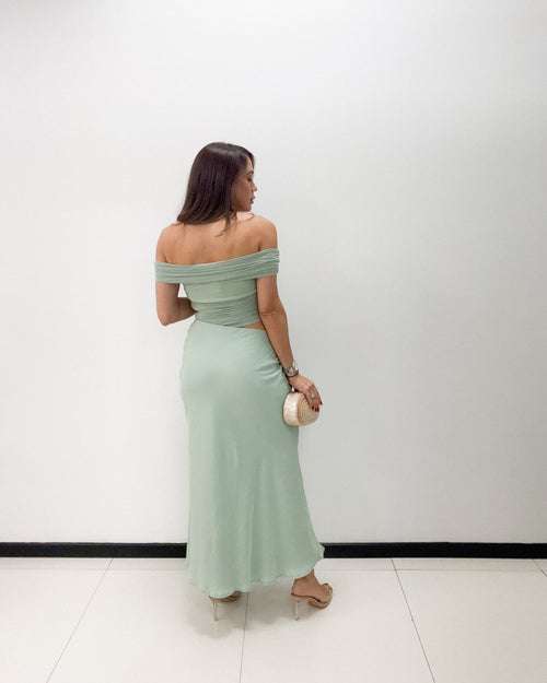 SAGE MESH/SATIN DRESS