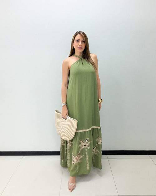 OLIVE EMBROIDERED MAXI DRESS