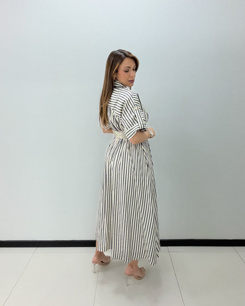 NAVY STRIPE MIDI DRESS