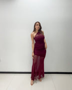 WINE ONE SHOULDER MESH DRESS
