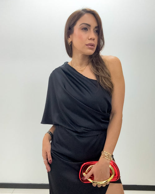 BLACK SATIN ONE SHOULDER DRESS
