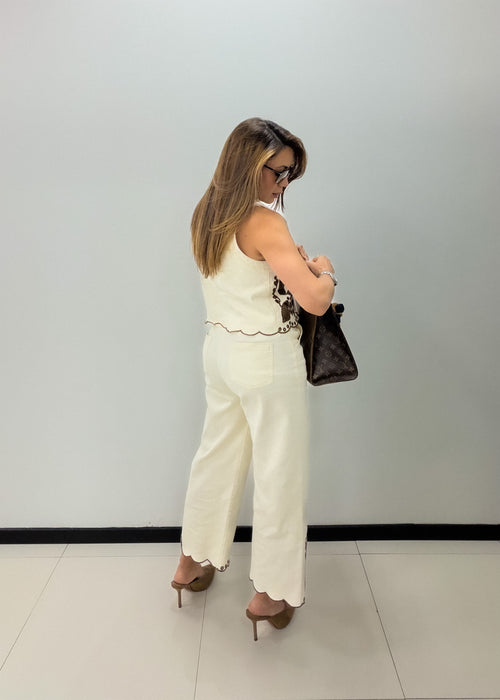 CREAM BROWN EMBROIDERED PANT SET