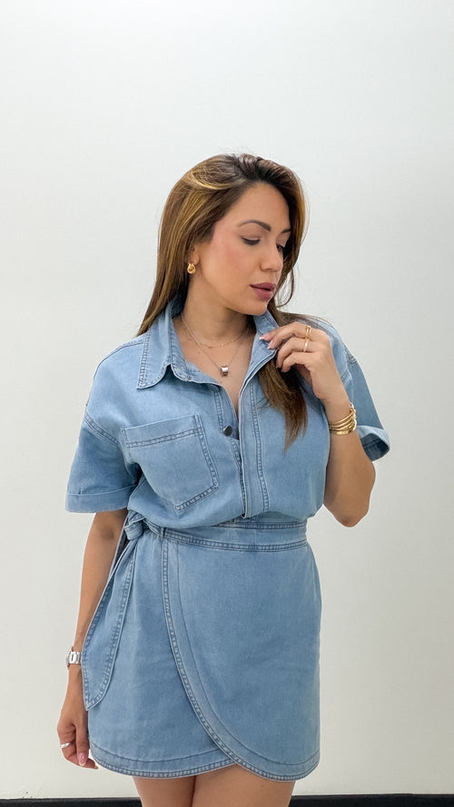 DENIM WRAP SKIRT MINI DRESS