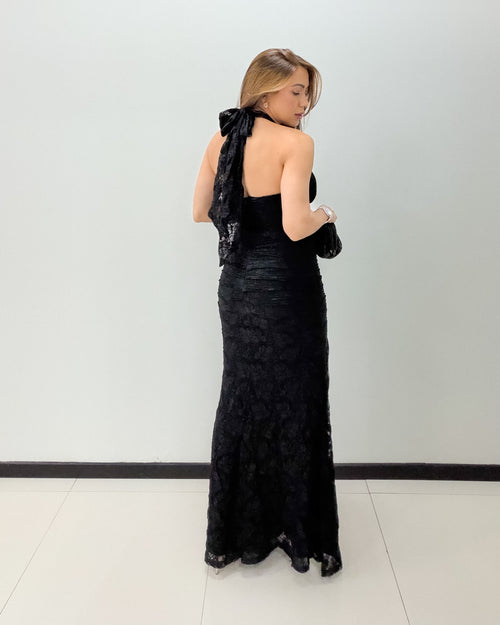 BLACK HALTER LACE DRESS