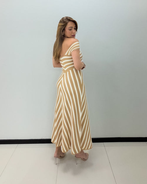 IVORY-TAN STRIPED KNIT DRESS