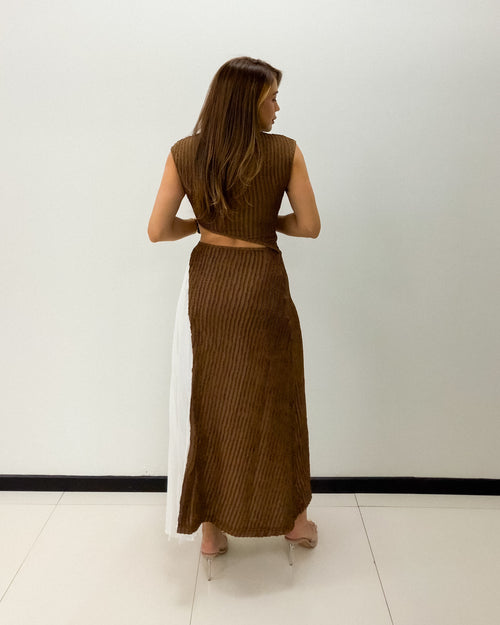 BROWN-WHITE PLEATED DRESS