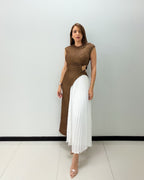 BROWN-WHITE PLEATED DRESS