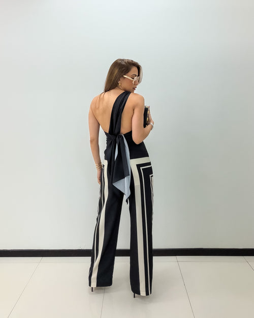 BLACK-IVORY STRIPE PANT SET