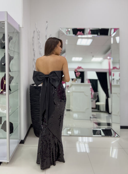 BLACK SEQUINS BACK BOW DRESS