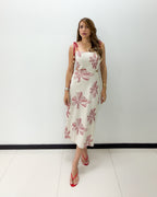NATURAL-RED EMBROIDERED MIDI DRESS