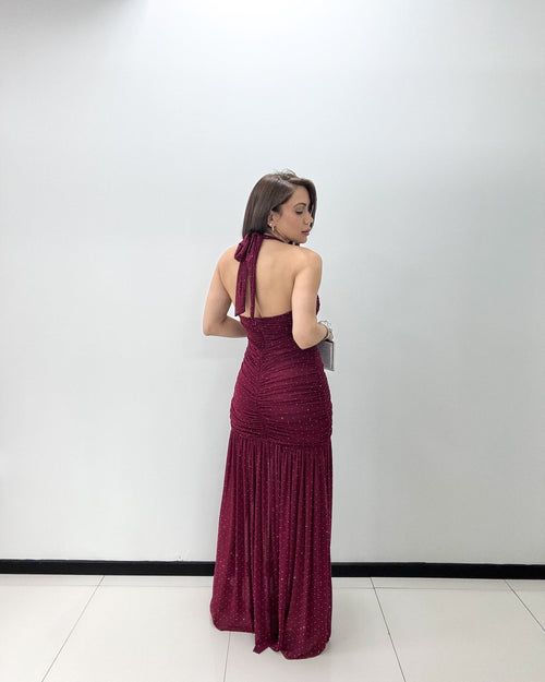 WINE STUDDED RUCHED DRESS