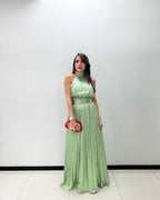 SAGE SATIN PLEATED HALTER MIDI DRESS