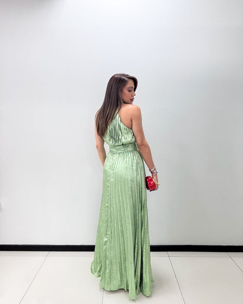 SAGE SATIN PLEATED HALTER MIDI DRESS