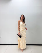 CREAM SATIN RUFFLE MAXI DRESS