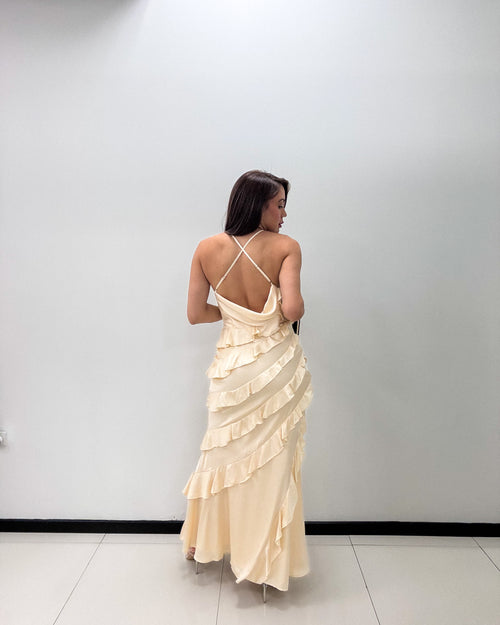 CREAM SATIN RUFFLE MAXI DRESS