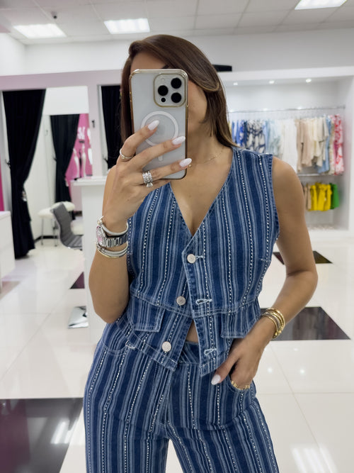 DENIM RHINESTONE PANT SET