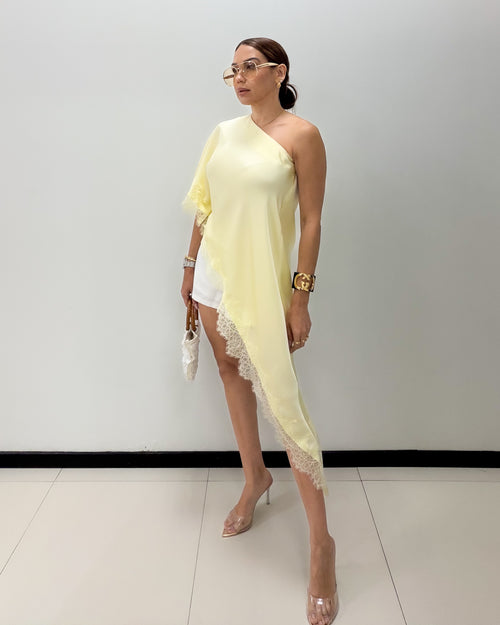 YELLOW SATIN ASYMMETRICAL BLOUSE